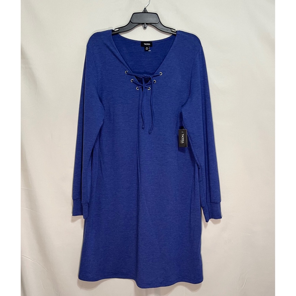 Tacera Blue Lace Up Sweatshirt Dress Women 1X Long Sleeve Knit Mini Soft Casual
